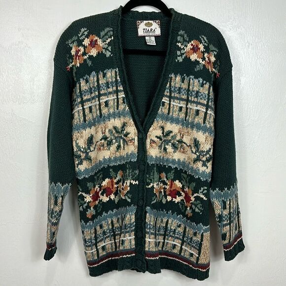 Tiara International Vintage Cotton Blend Floral Print Cardigan Sweater Size M - Picture 1 of 8